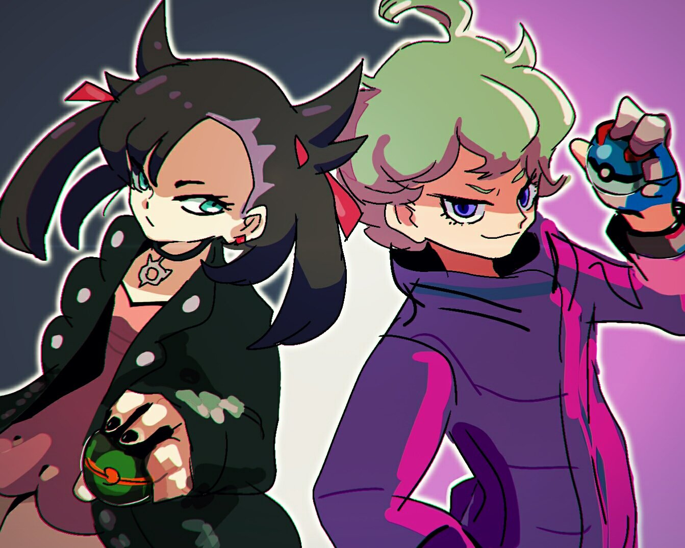 1boy 1girl ahoge beet_(pokemon) black_jacket black_nails choker closed_mouth curly_hair dress dusk_ball great_ball green_eyes green_hair jacket marie_(pokemon) multicolored multicolored_background outline pink_dress poke_ball pokemon pokemon_(game) pokemon_swsh purple_jacket simple_background smile tofu_(tttto_f) twintails violet_eyes white_outline