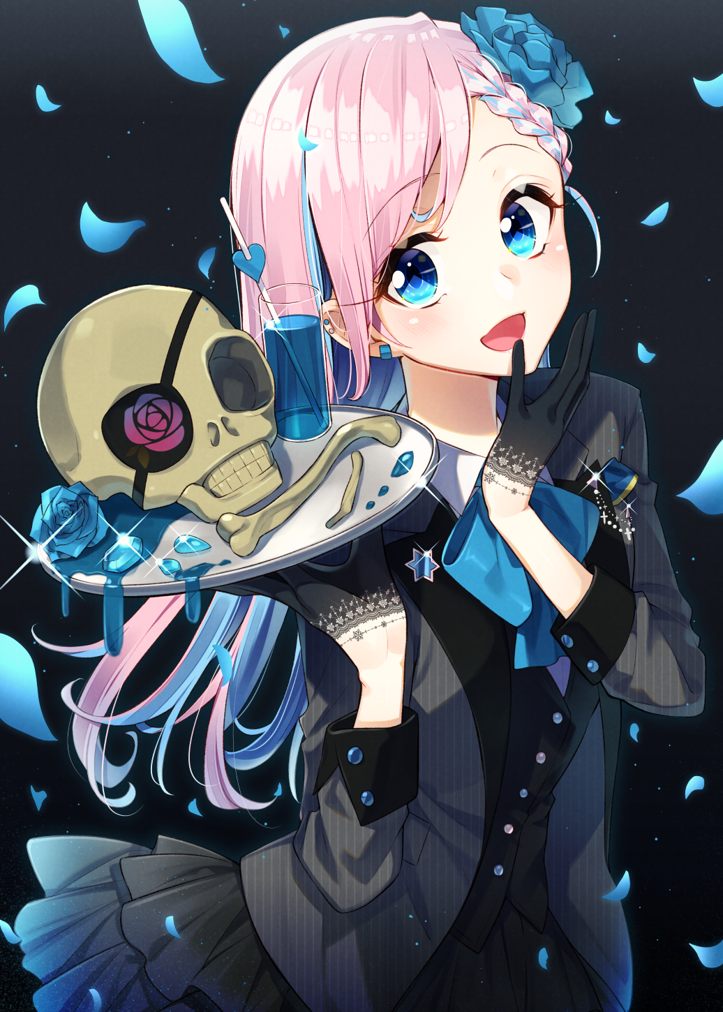 1girl :d black_background black_gloves black_skirt black_vest blue_bow blue_eyes blue_flower blue_hair blue_rose bone bow braid collared_shirt commentary_request cup drink drinking_glass drinking_straw eyepatch flower gloves grey_jacket hair_flower hair_ornament half_gloves heart highres holding holding_tray jacket lace lace-trimmed_gloves long_hair looking_at_viewer multicolored_hair open_clothes open_jacket open_mouth original petals pink_hair pinstripe_pattern pleated_skirt rose sakuragi_ren shirt skirt skull smile solo striped tray two-tone_hair unmoving_pattern vertical-striped_jacket very_long_hair vest white_shirt