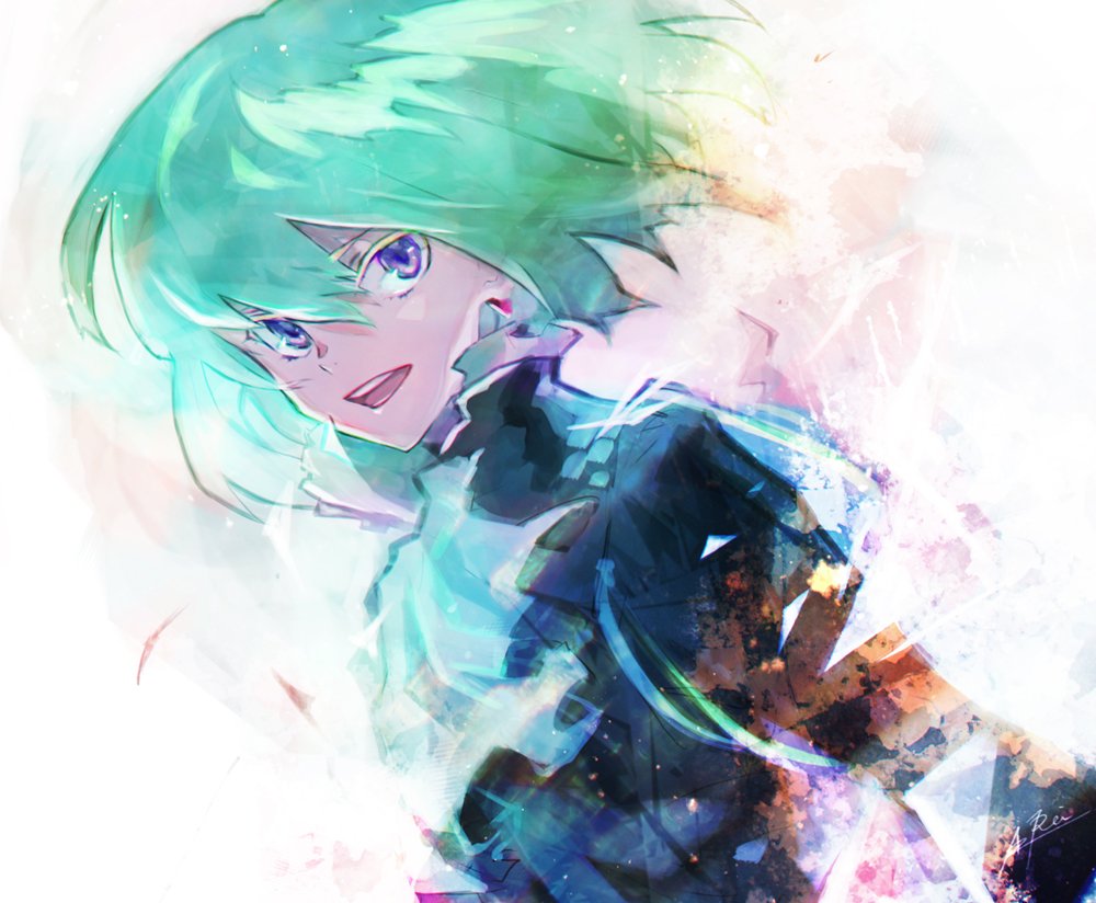 biker_clothes black_jacket cravat fire green_hair jacket lio_fotia male_focus open_mouth promare rei_snow_garden short_hair smile upper_body violet_eyes