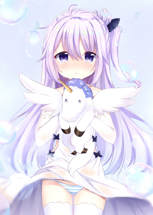 1girl azur_lane bangs bare_shoulders black_ribbon blush bubble commentary_request crying crying_with_eyes_open detached_sleeves dress eyebrows_visible_through_hair hair_between_eyes hair_bun hair_ribbon holding holding_stuffed_animal long_hair long_sleeves lydia601304 nose_blush one_side_up panties parted_lips purple_hair ribbon solo striped striped_panties stuffed_alicorn stuffed_animal stuffed_toy tears thigh-highs thigh_gap underwear unicorn_(azur_lane) very_long_hair violet_eyes white_dress white_legwear white_sleeves wind wind_lift