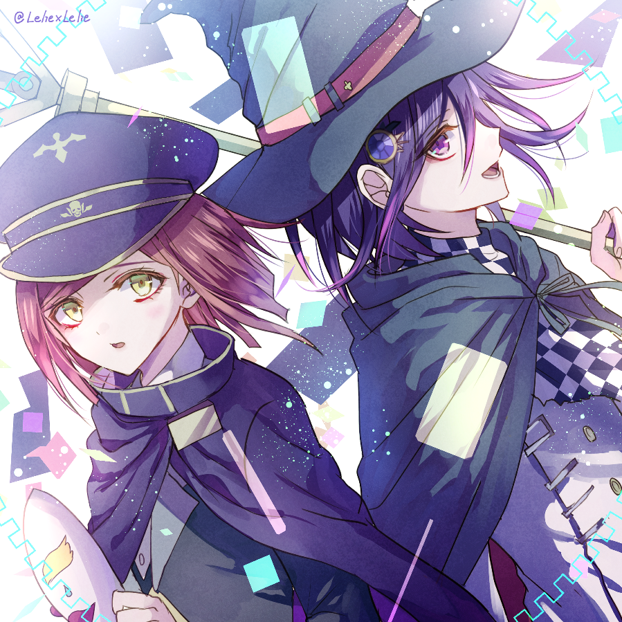 1boy 1girl alternate_headwear artist_name back-to-back black_headwear black_jacket bob_cut cape checkered checkered_scarf commentary_request dangan_ronpa eyebrows_visible_through_hair from_side hair_ornament hairclip hat holding holding_mask holding_staff jacket looking_at_viewer mask mask_removed medium_hair new_dangan_ronpa_v3 open_mouth ouma_kokichi purple_hair redhead scarf school_uniform short_hair staff standing violet_eyes whtie_jacket witch_hat yellow_eyes yumeno_himiko z-epto_(chat-noir86)