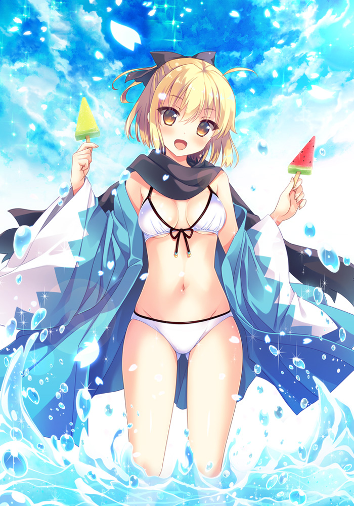 1girl :d ahoge aqua_kimono ass_visible_through_thighs bangs bare_shoulders black_bow black_scarf blonde_hair blush bow breasts breasts_apart brown_eyes clouds cloudy_sky commentary_request day eyebrows_visible_through_hair fate/grand_order fate_(series) food hair_bow head_tilt holding holding_food ikegami_akane japanese_clothes kimono koha-ace long_sleeves looking_at_viewer medium_hair navel off_shoulder okita_souji_(fate) okita_souji_(fate)_(all) open_clothes open_kimono open_mouth outdoors popsicle scarf short_hair short_ponytail sky smile solo sparkle splashing standing stomach wading water wide_sleeves