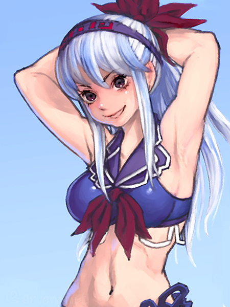 1girl adapted_costume armpits arms_behind_head arms_up bangs bare_shoulders bikini blue_background blue_bikini blue_hairband breasts brown_eyes commentary_request eyebrows_visible_through_hair gengoroumaru_(ambidextrous) grin hair_between_eyes hair_ribbon hairband head_tilt kamishirasawa_keine large_breasts long_hair navel no_hat no_headwear red_ribbon ribbon sidelocks silver_hair simple_background smile solo stomach swimsuit touhou upper_body