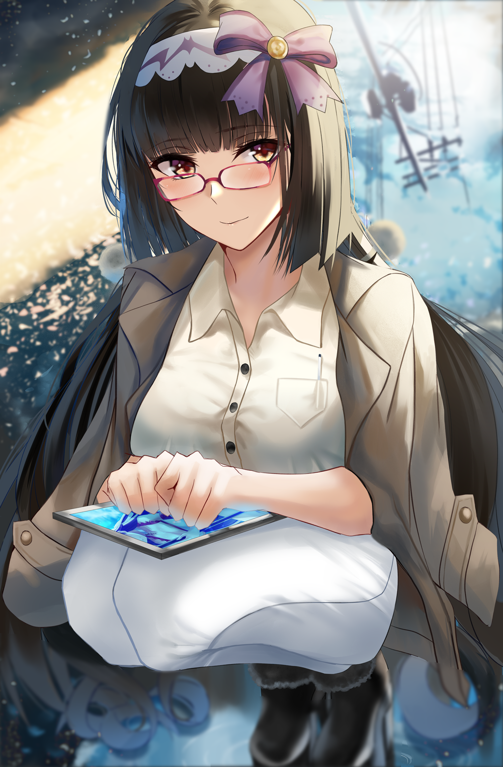 1girl black_hair blush boots brown_eyes brown_jacket commentary_request fate/grand_order fate_(series) glasses hair_ribbon hairband highres jacket jacket_on_shoulders light_smile long_hair looking_at_viewer nikek96 osakabe-hime_(fate/grand_order) pants purple_ribbon red-framed_eyewear ribbon shirt solo squatting tablet_pc very_long_hair white_hairband white_pants white_shirt