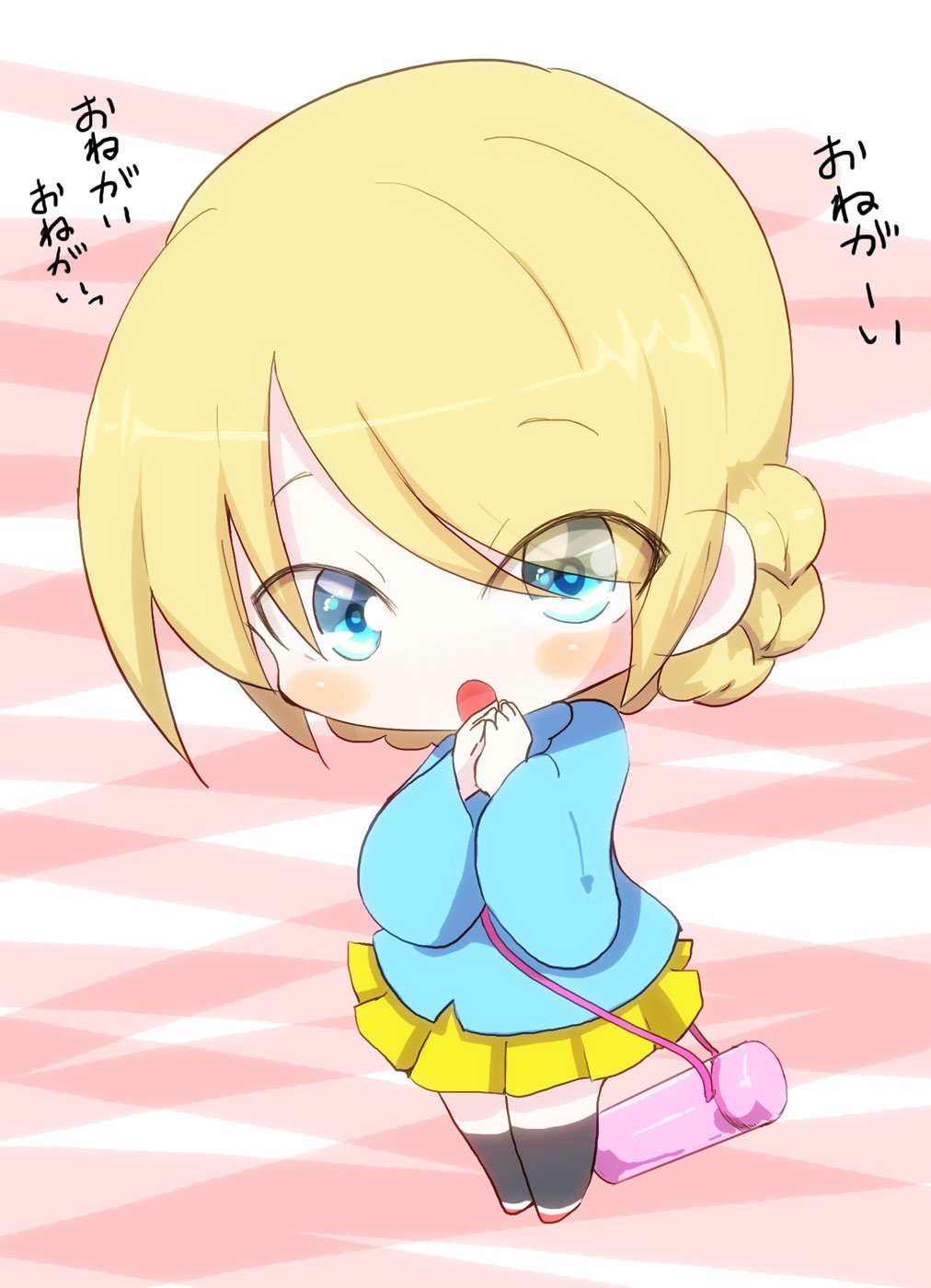 1girl bangs blonde_hair blue_eyes bottle chibi darjeeling girls_und_panzer highres jinguu_(4839ms) long_sleeves looking_at_viewer open_mouth pleated_skirt skirt solo tied_hair yellow_skirt younger