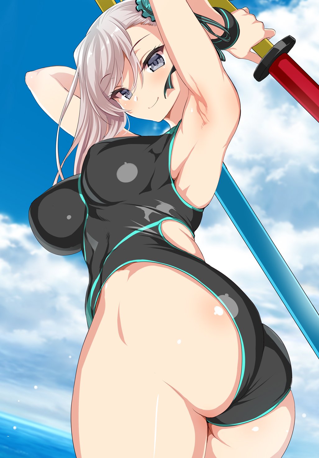1girl armpits arms_behind_head arms_up ass bangs bare_shoulders black_ribbon black_swimsuit blue_eyes blue_sky blue_swimsuit blush breasts bun_cover closed_mouth fate/grand_order fate_(series) hair_between_eyes hair_bun hair_ribbon highleg highleg_swimsuit highres kure_masahiro large_breasts long_hair looking_at_viewer miyamoto_musashi_(fate/grand_order) ocean one-piece_swimsuit pink_hair ribbon sky smile solo swept_bangs swimsuit toy_sword two-tone_swimsuit wristband