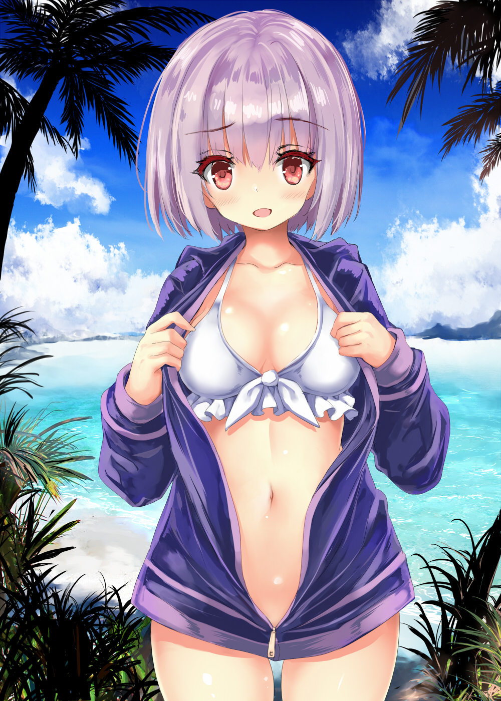 1girl bangs bikini blue_jacket blush clouds commentary_request copyright_request day eyebrows_visible_through_hair highres jacket kumakou looking_at_viewer navel open_clothes open_jacket open_mouth outdoors pink_eyes shinjou_akane short_hair solo ssss.gridman swimsuit white_bikini zipper