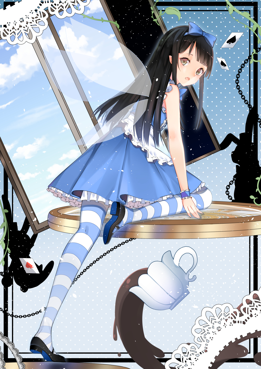 1girl ace_of_hearts ace_of_spades adapted_costume apron bangs bare_arms bare_shoulders black_footwear black_hair blue_bow blue_dress blue_legwear blue_sky bow brown_eyes card chain clouds cup day dress fairy_wings freeze_(867139) frilled_apron frills hair_bow highres lace long_hair looking_at_viewer mary_janes open_mouth outside_border pantyhose petticoat plant pointy_ears shoes short_dress sidelocks sky sleeveless sleeveless_dress solo star_sapphire striped striped_legwear teacup touhou vines waist_apron white_apron white_legwear window wings wrist_cuffs