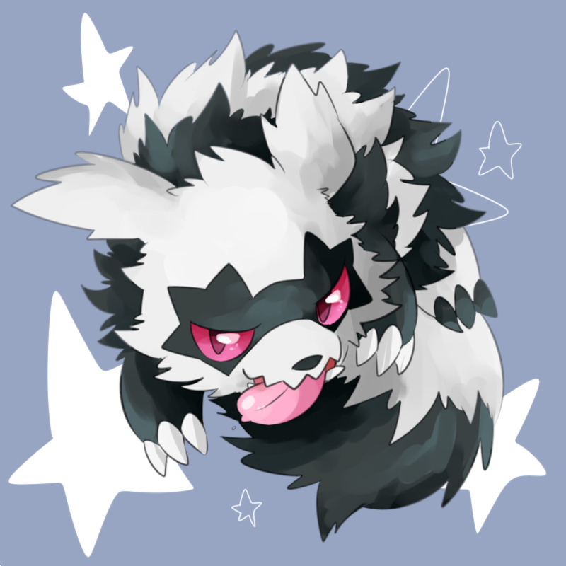 blue_background claws commentary_request drooling full_body galarian_zigzagoon gen_8_pokemon looking_at_viewer no_humans open_mouth pink_sclera pokemon pokemon_(creature) saliva sharp_teeth simple_background smile solo star teeth tongue tongue_out violet_eyes waribashi_(warenuhasi)