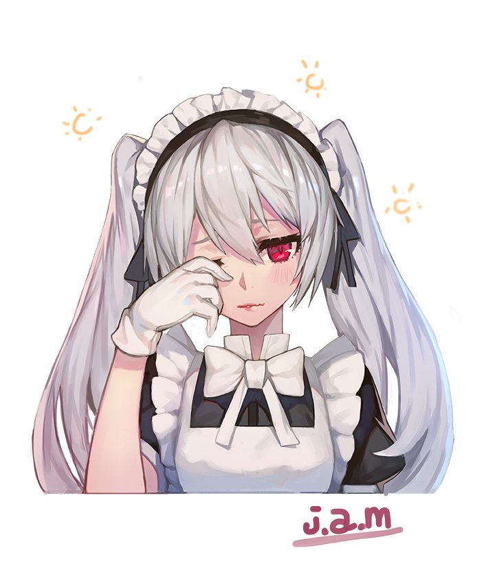blush bow face gloves hair_between_eyes jam_(nandade) maid maid_headdress one_eye_closed original parted_lips pink_lips red_eyes signature simple_background sleepy twintails white_background white_bow white_gloves white_hair