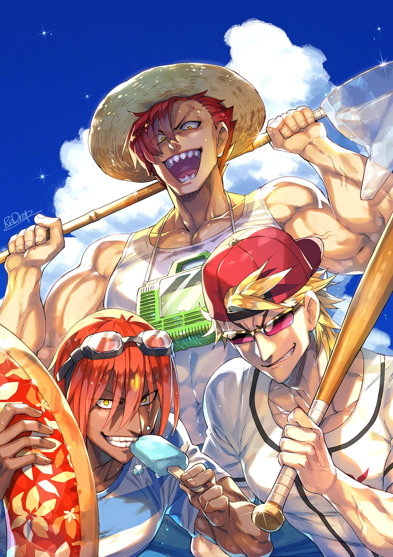 3boys ashwatthama_(fate/grand_order) backwards_hat baseball_bat baseball_cap blonde_hair butterfly_net clenched_teeth dark_skin dark_skinned_male fate/grand_order fate_(series) food goggles goggles_on_head hand_net hat highres innertube insect_cage looking_at_viewer male_focus mori_nagayoshi_(fate) multiple_boys muscle open_mouth orange_hair popsicle red_headwear redhead redrop sakata_kintoki_(fate/grand_order) sharp_teeth shirt signature smile straw_hat sunglasses tank_top teeth upper_body white_shirt yellow_eyes