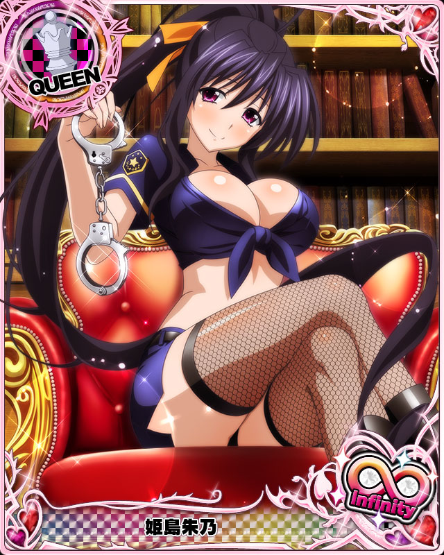 1girl black_footwear black_hair boots breasts card_(medium) character_name chess_piece closed_mouth crop_top crossed_legs cuffs fishnet_legwear fishnets hair_ribbon handcuffs high_school_dxd high_school_dxd_infinity himejima_akeno large_breasts long_hair long_ponytail looking_at_viewer midriff official_art police police_uniform policewoman ponytail queen_(chess) ribbon sitting skirt smile solo source_request thigh-highs trading_card uniform very_long_hair violet_eyes