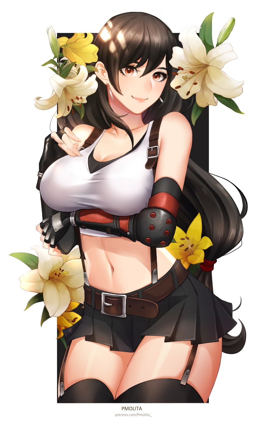 1girl arm_under_breasts bangs black_skirt breasts brown_eyes brown_hair closed_mouth earrings elbow_gloves elbow_pads final_fantasy final_fantasy_vii final_fantasy_vii_remake fingerless_gloves flower garter_straps gloves highres jewelry large_breasts long_hair low-tied_long_hair midriff miniskirt navel pencil_skirt pmolita shirt skirt smile suspender_skirt suspenders tank_top taut_clothes taut_shirt thigh-highs thighs tifa_lockhart