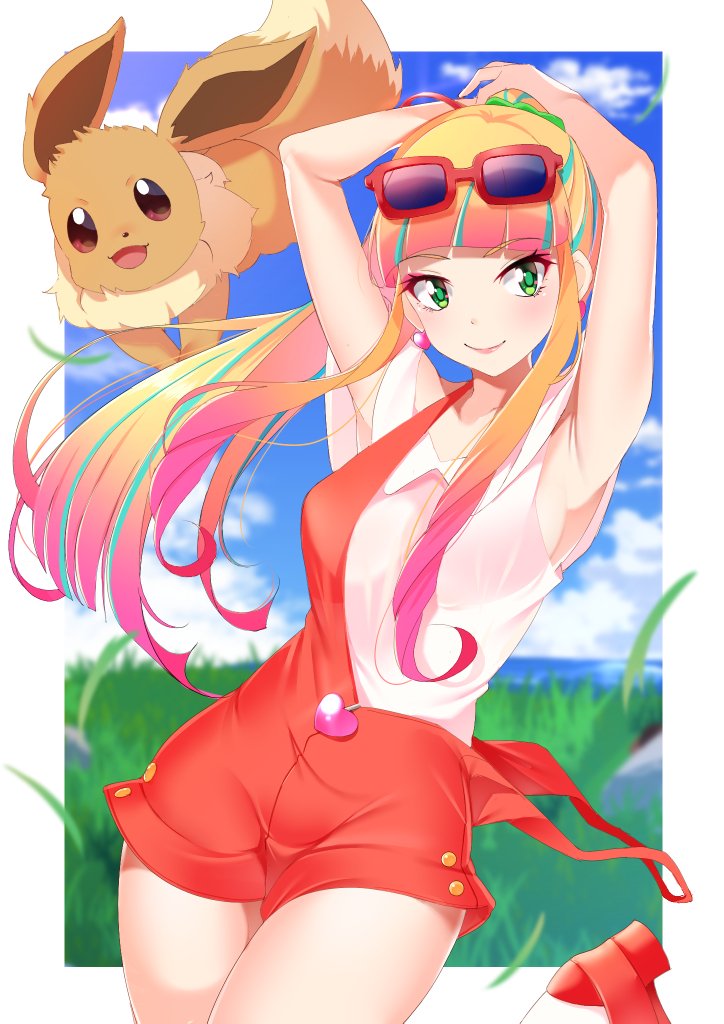 1girl 1other armpits arms_up bangs blonde_hair blunt_bangs blush breasts character_request creatures_(company) earrings eevee evolution_(specie) eyewear_on_head game_freak gen_1_pokemon green_eyes jewelry kippuru nintendo olm_digital pokemon pokemon_(anime) pokemon_(creature) pokemon_(game) ponytail sideboob smile suspenders