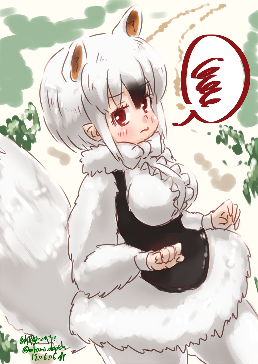 1girl animal_ear_fluff animal_ears bangs blonde_hair bow bowtie breasts brown_eyes center_frills dated extra_ears eyebrows_visible_through_hair fur_collar hair_between_eyes highres kemono_friends large_breasts long_sleeves looking_at_viewer pantyhose pout short_hair sketch solo southern_tamandua_(kemono_friends) spoken_squiggle squiggle tamandua_ears tamandua_tail twitter_username underbust white_background white_legwear white_neckwear yonaka-nakanoma