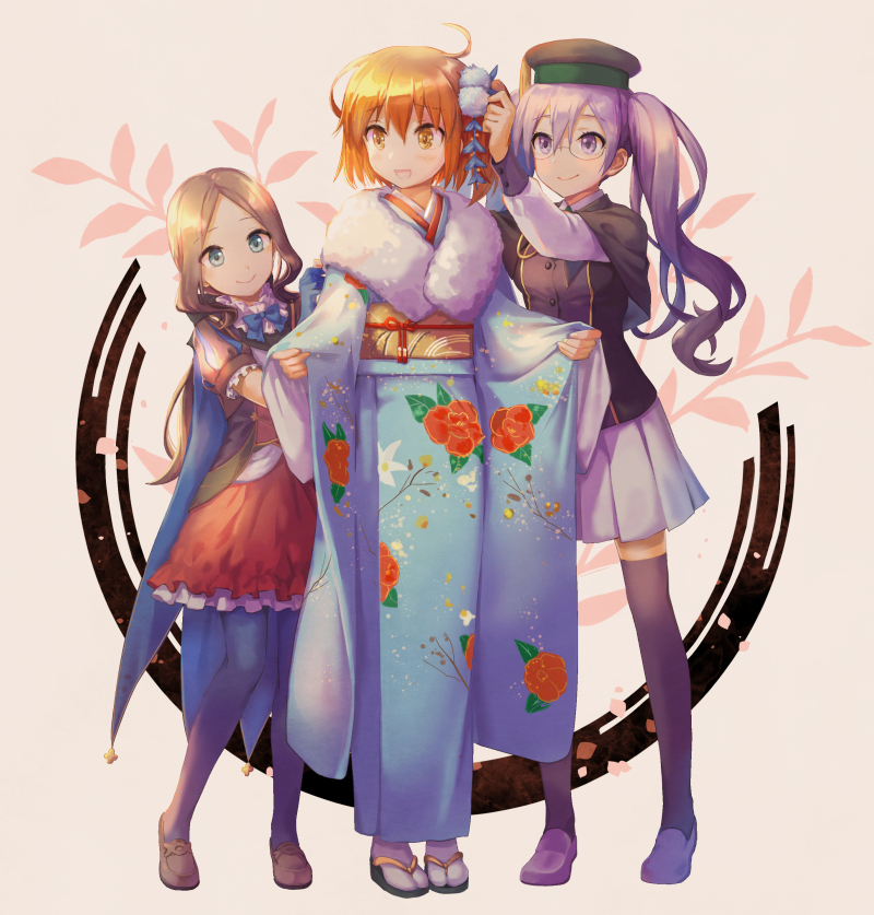 3girls :d alle_gro bangs beret black_capelet black_headwear black_legwear blue_eyes blue_kimono blue_legwear blush brown_eyes brown_footwear brown_hair capelet character_request closed_mouth commentary_request eyebrows_visible_through_hair fate/grand_order fate_(series) floral_print forehead fujimaru_ritsuka_(female) glasses hair_between_eyes hat japanese_clothes kimono leonardo_da_vinci_(fate/grand_order) loafers long_hair long_sleeves multiple_girls obi open_mouth pantyhose parted_bangs pinching_sleeves pleated_skirt print_kimono puff_and_slash_sleeves puffy_short_sleeves puffy_sleeves purple_hair red_skirt sash shirt shoes short_sleeves skirt sleeves_past_wrists smile standing thigh-highs very_long_hair violet_eyes white_shirt white_skirt wide_sleeves
