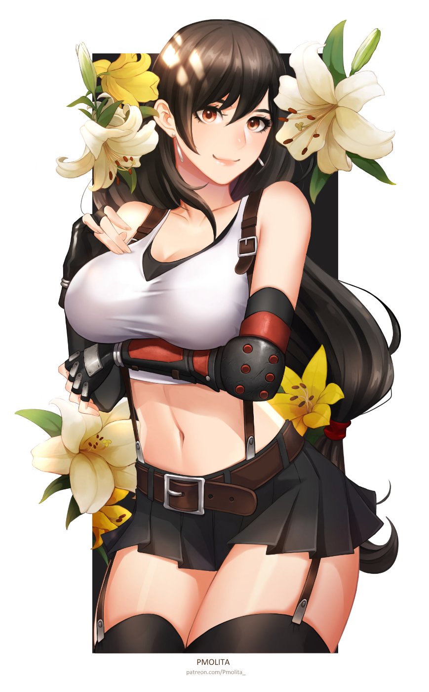 1girl arm_under_breasts bangs black_skirt breasts brown_eyes brown_hair closed_mouth earrings elbow_gloves elbow_pads english_commentary final_fantasy final_fantasy_vii final_fantasy_vii_remake fingerless_gloves flower garter_straps gloves highres jewelry large_breasts long_hair low-tied_long_hair midriff miniskirt navel pencil_skirt pmolita shirt skirt smile suspender_skirt suspenders tank_top taut_clothes taut_shirt thigh-highs thighs tifa_lockhart