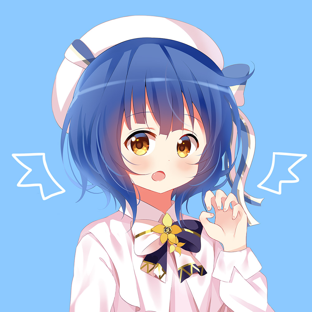 1girl bangs beret blue_background blue_hair blush bow brown_eyes claw_pose commentary_request deyui eyebrows_visible_through_hair fang fingernails flower gochuumon_wa_usagi_desu_ka? hair_bow hand_up hat jouga_maya long_sleeves looking_at_viewer open_mouth shirt short_hair simple_background solo upper_body white_headwear white_shirt yellow_flower