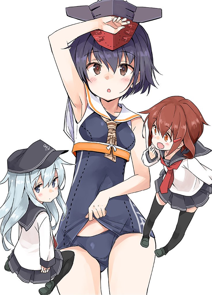 3girls :o anchor anchor_symbol asymmetrical_hair bangs black_hair black_legwear blush breasts brown_hair clothes_writing eyebrows_visible_through_hair flat_cap framed_breasts hair_ornament hairclip hat headgear hibiki_(kantai_collection) i-14_(kantai_collection) ikazuchi_(kantai_collection) kantai_collection long_hair long_sleeves multiple_girls neckerchief sailor_collar school_uniform serafuku short_hair silver_hair simon simple_background skirt suka swimsuit thigh-highs white_background