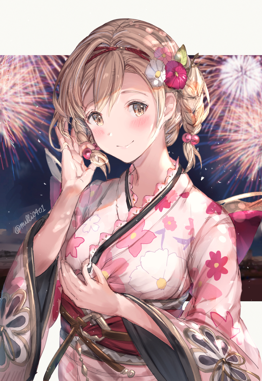 1girl aerial_fireworks bangs blonde_hair blurry blurry_background blush braid breasts brown_eyes closed_mouth clouds commentary_request depth_of_field djeeta_(granblue_fantasy) eyebrows_behind_hair fireworks floral_print flower granblue_fantasy hair_between_eyes hair_flower hair_ornament hands_up highres holding holding_hair japanese_clothes kimono long_sleeves milli_little night night_sky obi pink_flower pink_kimono print_kimono sash sky small_breasts smile solo twin_braids upper_body white_flower wide_sleeves yukata