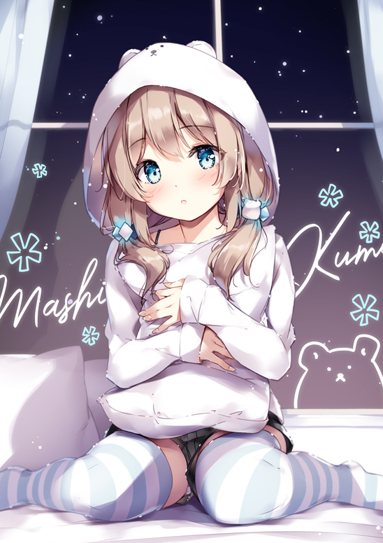 1girl :o animal_hood bangs black_shorts blue_eyes blue_legwear blush brown_hair character_name commentary_request curtains eyebrows_visible_through_hair feet_out_of_frame hood hoodie indoors light_particles long_hair long_sleeves looking_at_viewer low_twintails mashiro_kuma mashiro_kuma_channel miyase_mahiro no_shoes object_hug panties parted_lips pillow shadow short_shorts shorts sitting sleeves_past_wrists solo striped striped_legwear thigh-highs twintails underwear virtual_youtuber wariza white_hoodie white_legwear window