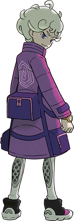 1boy beet_(pokemon) blonde_hair closed_mouth curly_hair eyelashes from_behind full_body jacket looking_back male_focus official_art pokemon pokemon_(game) pokemon_swsh purple_jacket shoes smile sneakers solo violet_eyes watch