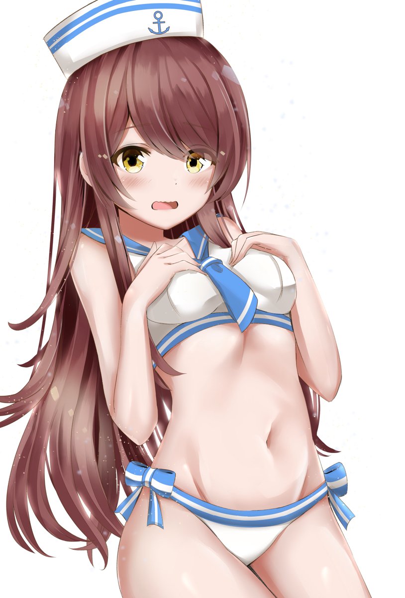 1girl bangs bare_arms bare_shoulders bikini blue_neckwear blue_sailor_collar blush breasts brown_hair commentary_request cowboy_shot groin hands_on_own_chest hands_up hat highres idolmaster idolmaster_shiny_colors long_hair looking_at_viewer medium_breasts navel oosaki_tenka open_mouth ryouta_(ryouta335) sailor_collar sailor_hat sailor_swimsuit_(idolmaster) side-tie_bikini sidelocks simple_background solo swept_bangs swimsuit very_long_hair wavy_mouth white_background white_bikini yellow_eyes