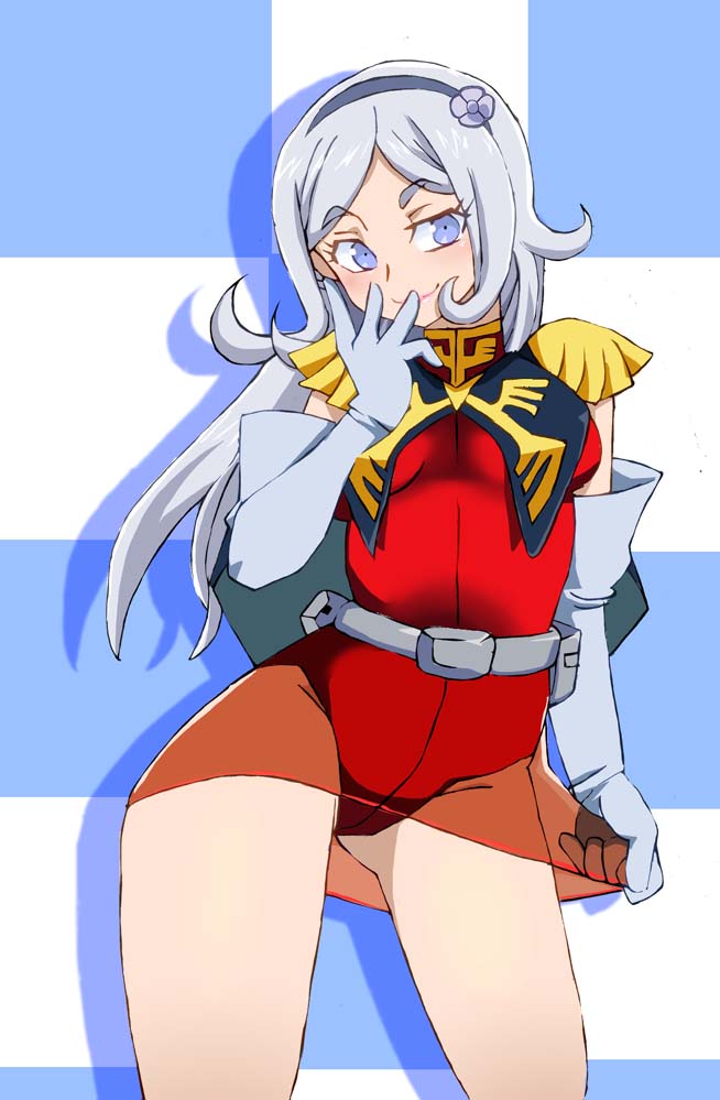 1girl aila_jyrkiainen belt blue_eyes breasts closed_mouth commentary_request cosplay elbow_gloves gloves graphite_(medium) gundam gundam_build_fighters gundam_card_builder highleg highleg_leotard leotard long_hair looking_at_viewer millipen_(medium) onnaski silver_hair smile solo traditional_media