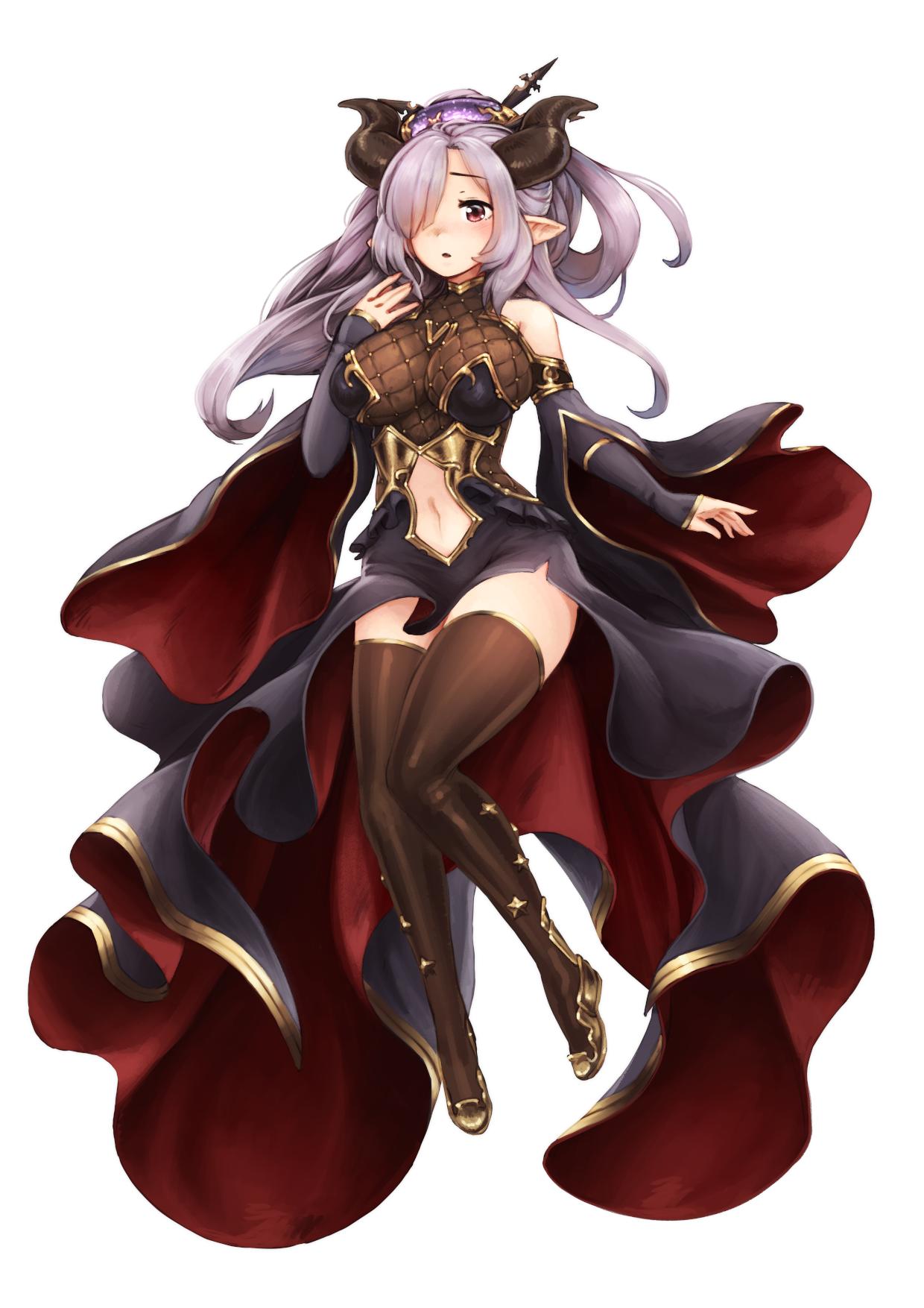 1girl alternate_breast_size barbariank black_dress breasts brown_legwear commentary detached_sleeves draph dress english_commentary gold_trim granblue_fantasy hair_over_one_eye highres horns large_breasts long_hair navel navel_cutout nio_(granblue_fantasy) pointy_ears purple_hair showgirl_skirt solo thigh-highs violet_eyes white_background
