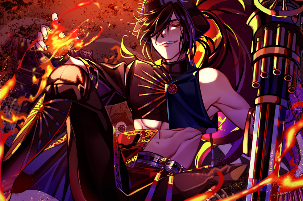 1boy abs armpits asymmetrical_clothes bangs bare_shoulders belt black_footwear black_hair black_legwear boots commentary_request fate/grand_order fate_(series) fire gatling_gun grin hair_over_one_eye hat high_collar knee_boots long_hair looking_at_viewer marchab_66 muscle navel oda_kippoushi_(fate) oda_nobunaga_(fate) oda_uri ponytail red_eyes smile smirk solo stomach