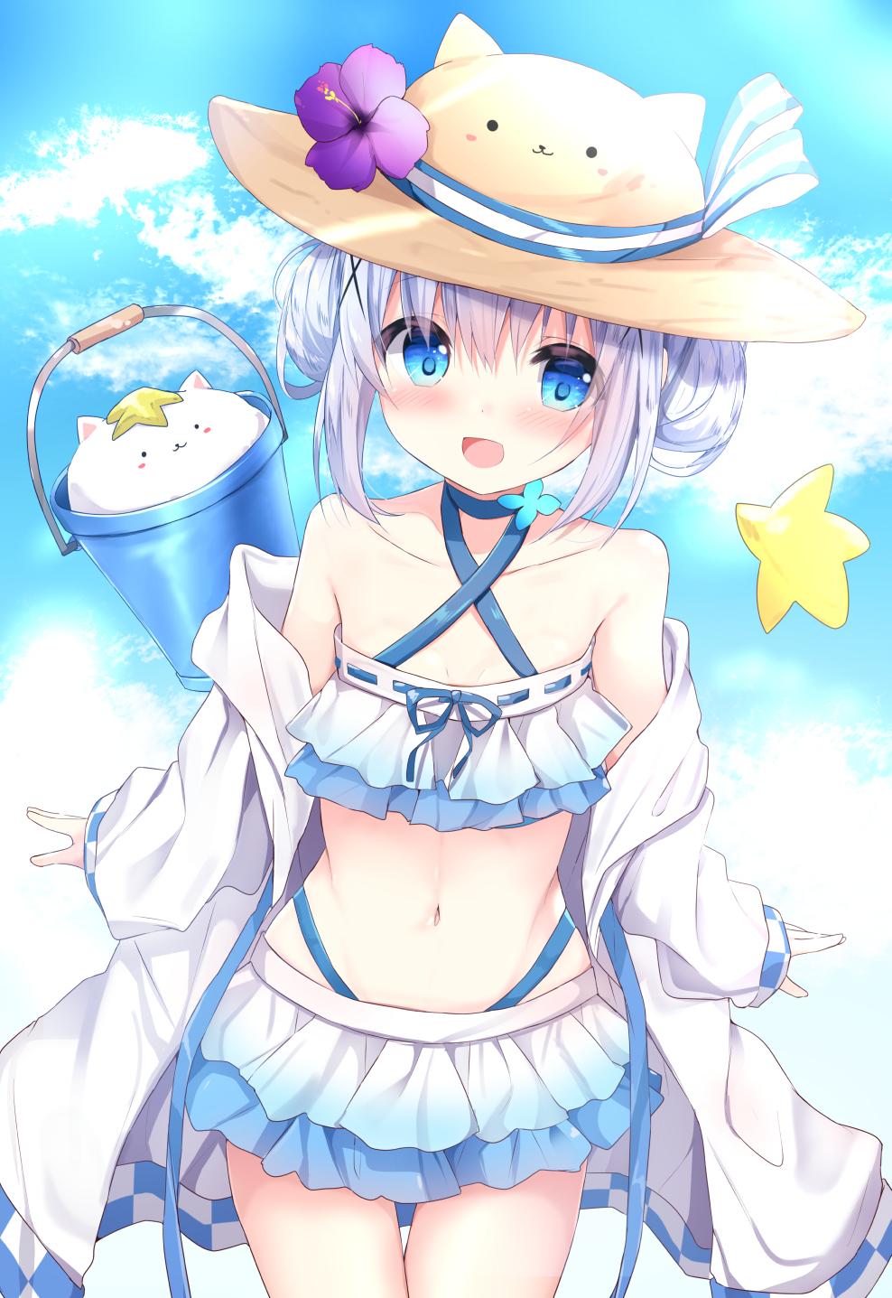 1girl :d angora_rabbit animal animal_ears animal_hat bikini blue_eyes blue_hair blue_sky blush brown_headwear bucket clouds cloudy_sky collarbone commentary_request criss-cross_halter day double_bun fake_animal_ears flower gochuumon_wa_usagi_desu_ka? hair_ornament halterneck hat hat_flower highres jacket kafuu_chino kouda_suzu long_sleeves navel off_shoulder open_clothes open_jacket open_mouth outdoors purple_flower rabbit ribbon-trimmed_bikini side_bun sidelocks sky sleeves_past_wrists smile starfish sun_hat swimsuit thigh_gap tippy_(gochiusa) white_bikini white_jacket x_hair_ornament