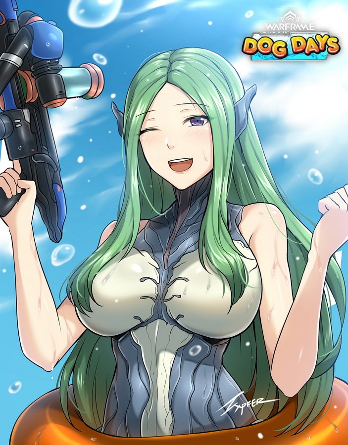 1girl arms_up artist_name blue_sky bodysuit breasts commentary eyebrows_visible_through_hair green_hair gun headgear holding holding_water_gun humanization innertube large_breasts logo long_hair looking_at_viewer one_eye_closed open_mouth outdoors saryn_(warframe) sky smile solo toy_gun warframe water water_gun weapon wet zxpfer