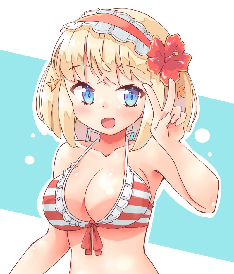 1girl :d alice_margatroid arnest bangs bare_arms bare_shoulders bikini blonde_hair blue_background blue_eyes blush breasts commentary_request eyebrows_visible_through_hair flower frilled_hairband frills front-tie_bikini front-tie_top hair_flower hair_ornament hairband halterneck hand_up hibiscus large_breasts lolita_hairband looking_at_viewer open_mouth outline red_flower red_hairband short_hair sidelocks smile solo stomach striped striped_bikini swimsuit touhou two-tone_background upper_body v white_background white_outline