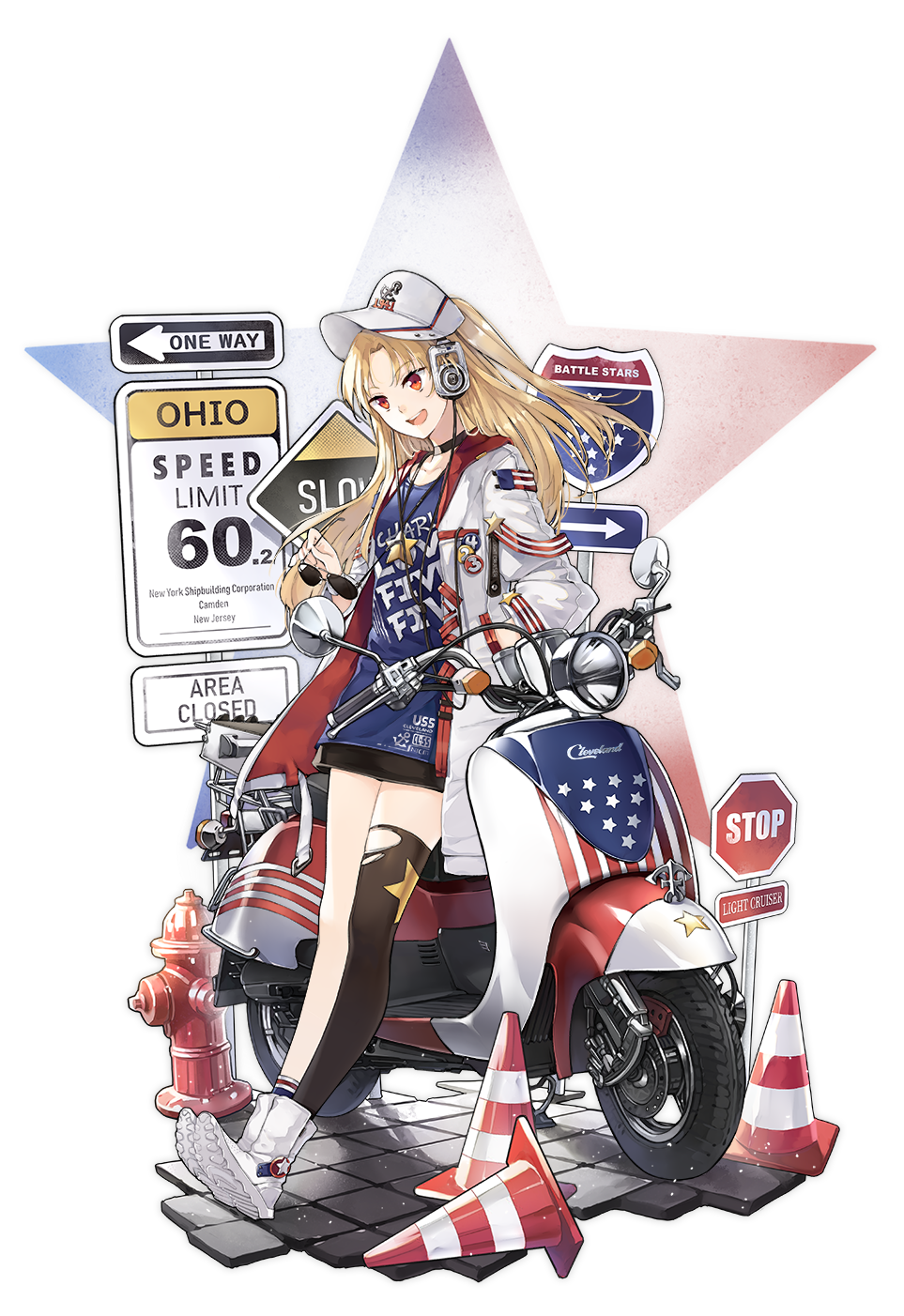 1girl :d azur_lane black_choker black_legwear black_skirt blonde_hair blue_shirt boots cable choker cleveland_(azur_lane) cleveland_(road_trip!)_(azur_lane) coat collarbone directional_arrow eyewear_removed fire_hydrant ground_vehicle hand_in_pocket hao_(patinnko) headphones highres holding jewelry long_hair long_sleeves looking_away miniskirt motor_vehicle motorcycle necklace official_art one_side_up open_clothes open_coat open_mouth pavement red_eyes shirt sign single_thighhigh skirt smile socks solo star stop_sign sunglasses thigh-highs thighs torn_clothes torn_legwear traffic_cone transparent_background visor_cap white_coat white_footwear