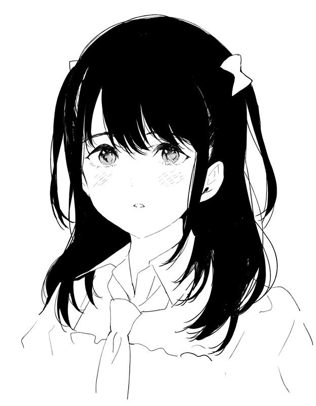 1girl bangs blush bow copyright_request detached_collar eyebrows_behind_hair greyscale hair_bow long_hair looking_at_viewer meito_(maze) monochrome necktie parted_lips puffy_sleeves shirt simple_background two_side_up upper_body white_background wing_collar