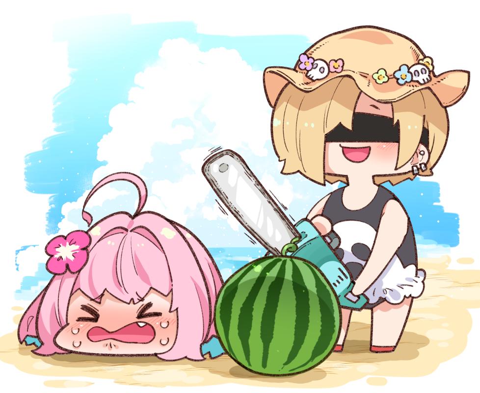 &gt;o&lt; 2girls ahoge bangs bare_shoulders beach black_blindfold blindfold blonde_hair blue_hair blue_sky blush buried chainsaw chibi closed_eyes clouds cloudy_sky crying day ear_piercing earrings eyebrows_visible_through_hair fang flower food frilled_swimsuit frills fruit ghost_print hair_flower hair_ornament hat hat_flower head_only holding_chainsaw idolmaster idolmaster_cinderella_girls jewelry motion_lines multicolored_hair multiple_girls ocean one-piece_swimsuit open_mouth outdoors piercing pink_flower pink_hair red_footwear sand shiny shiny_hair shirasaka_koume short_hair skull sky smile standing swimsuit takatoo_kurosuke two-tone_hair water watermelon wavy_mouth yumemi_riamu