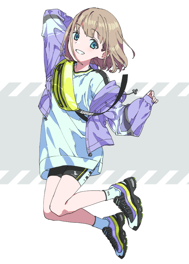 1girl bangs bike_shorts blue_eyes eyebrows_visible_through_hair fanny_pack grin idolmaster idolmaster_shiny_colors jacket jumping loose_clothes loose_shirt oda_ya_ka serizawa_asahi shirt shoes shorts simple_background smile sneakers socks