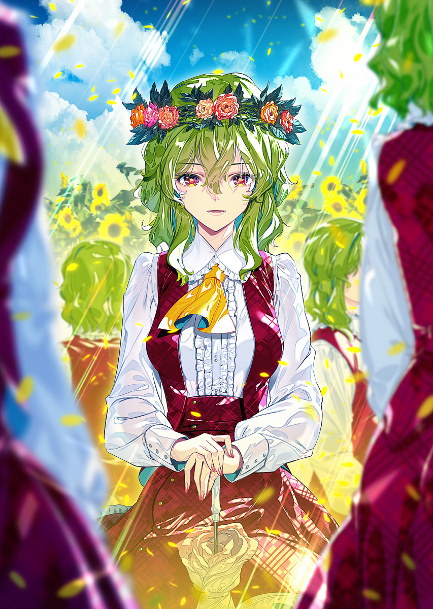 5girls :d ascot bangs blue_sky breasts center_frills clouds commentary_request cowboy_shot day eyebrows_visible_through_hair field flower flower_field frilled_shirt_collar frills green_hair hair_between_eyes head_wreath highres kazami_yuuka leaf light_rays long_sleeves looking_at_viewer medium_breasts multiple_girls multiple_persona nail_polish open_mouth orange_flower orange_rose outdoors petals pink_flower pink_nails pink_rose plaid plaid_skirt plaid_vest planted planted_umbrella red_eyes red_skirt red_vest rose short_hair sidelocks skirt skirt_set sky smile standing sunflower touhou umbrella vest yellow_neckwear zounose