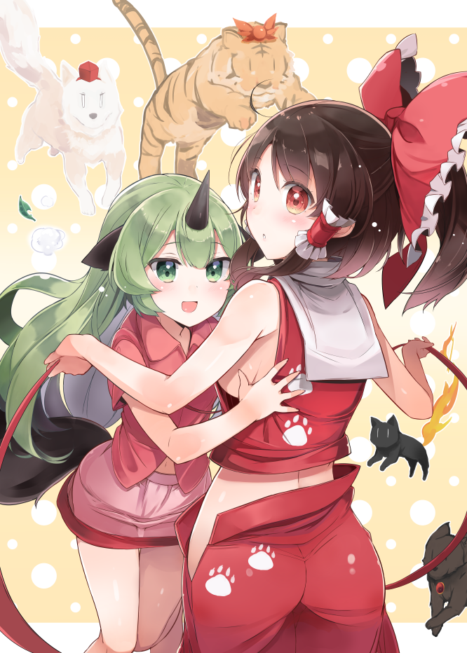 2girls :d ass bangs bare_arms bare_shoulders black_hair blush border bow brooch cat commentary_request cowboy_shot eyebrows_visible_through_hair frilled_bow frills from_behind green_eyes green_hair hair_bow hair_ornament hair_tubes hakurei_reimu hat horn imaizumi_kagerou_(wolf) inubashiri_momiji inubashiri_momiji_(wolf) jewelry kaenbyou_rin kaenbyou_rin_(cat) komano_aun long_hair looking_at_viewer looking_back midriff miniskirt multiple_girls navel open_mouth outside_border paw_print pink_skirt ponytail red_bow red_eyes red_ribbon red_shirt red_skirt ribbon shin_(new) shirt sidelocks skirt sleeveless sleeveless_shirt smile standing thighs tiger tokin_hat toramaru_shou toramaru_shou_(tiger) touhou very_long_hair white_border wily_beast_and_weakest_creature wolf yellow_background