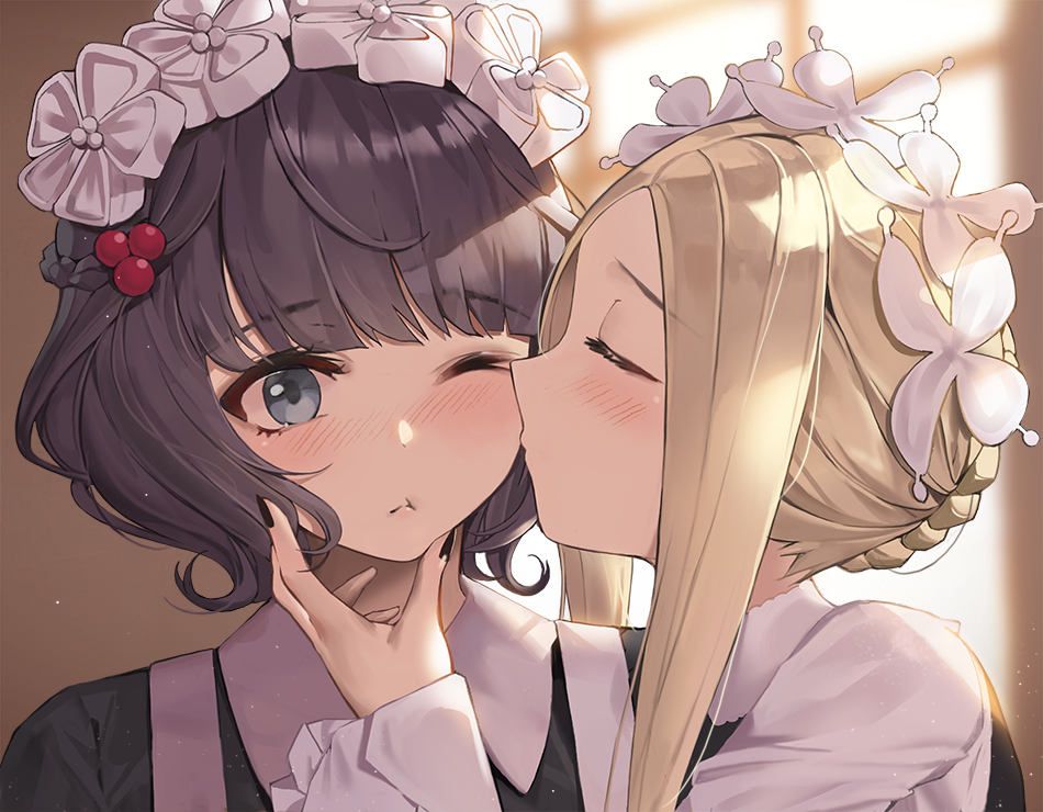 2girls ;t abigail_williams_(fate/grand_order) bangs black_dress black_hair blonde_hair blurry blurry_background blush braid butterfly_hair_ornament cheek_kiss closed_eyes closed_mouth collared_dress commentary_request depth_of_field dress eto_(nistavilo2) eyebrows_visible_through_hair fate/grand_order fate_(series) hair_ornament heroic_spirit_chaldea_park_outfit indoors katsushika_hokusai_(fate/grand_order) kiss long_hair multiple_girls one_eye_closed profile short_hair sidelocks upper_body yuri