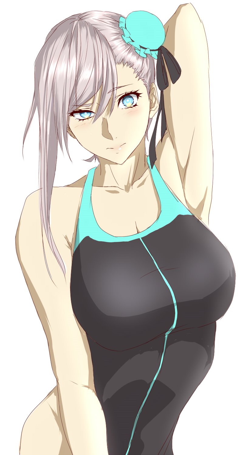 1girl arm_behind_head arm_up armpits asymmetrical_hair bangs bare_shoulders black_ribbon black_swimsuit blue_eyes blue_swimsuit blush breasts bun_cover closed_mouth collarbone fate/grand_order fate_(series) hair_bun hair_ribbon hashimoto_(frog_flag) highleg highleg_swimsuit highres large_breasts long_hair looking_at_viewer miyamoto_musashi_(fate/grand_order) one-piece_swimsuit pink_hair ribbon simple_background solo swept_bangs swimsuit white_background