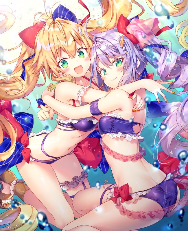 2girls :d ahoge alternate_costume alternate_hairstyle armband ass azur_lane bandeau bare_legs bare_shoulders bikini blonde_hair blue_background blue_bow blush bow breasts butt_crack collarbone commentary_request cross cross_earrings earrings feet_out_of_frame frilled_bikini frills green_eyes hair_bow hair_intakes hug jewelry l'opiniatre_(azur_lane) l'opiniatre_(magical_summer)_(azur_lane) le_temeraire_(azur_lane) leg_garter long_hair manicure medium_breasts multiple_girls nail_polish navel open_mouth orange_nails polka_dot polka_dot_background purple_bikini purple_hair red_bow red_nails riichu sidelocks small_breasts smile stomach strapless strapless_bikini swimsuit thigh_strap thighs twintails very_long_hair