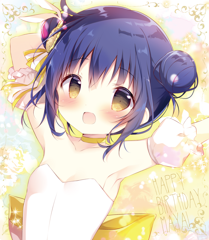 1girl :d alternate_hairstyle arms_up bangs bare_shoulders blue_hair blush bow breasts brown_eyes character_name collarbone commentary_request detached_sleeves double_bun dress eyebrows_visible_through_hair gochuumon_wa_usagi_desu_ka? hair_between_eyes hair_bow hair_up happy_birthday jouga_maya open_mouth puffy_short_sleeves puffy_sleeves shiratama_(shiratamaco) short_hair short_sleeves small_breasts smile solo strapless strapless_dress striped striped_bow upper_body white_dress white_sleeves yellow_bow