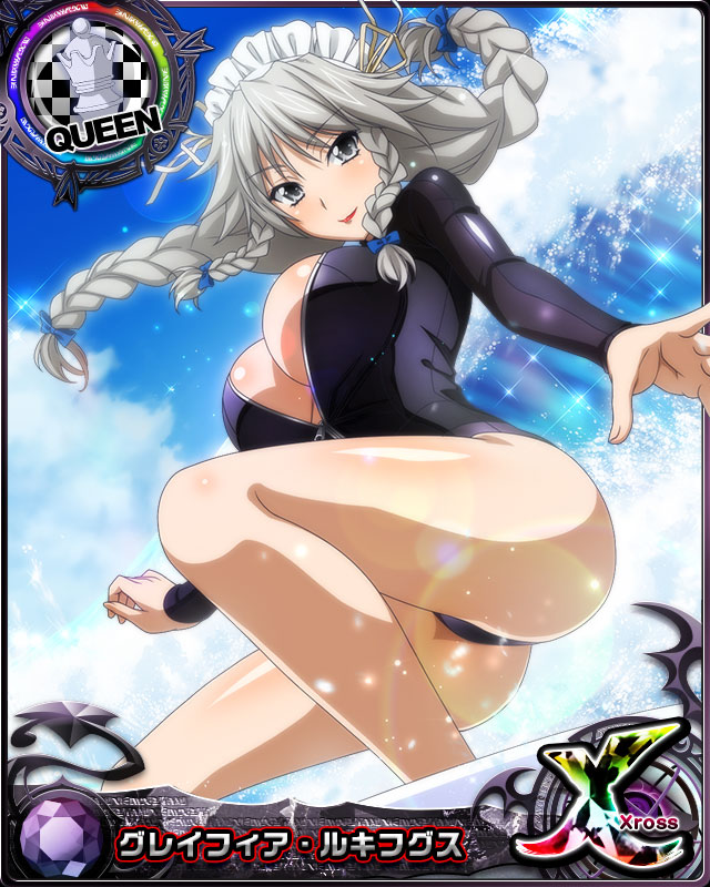 1girl ass braid breasts card_(medium) character_name chess_piece closed_mouth day grayfia_lucifuge grey_eyes grey_hair high_school_dxd high_school_dxd_cross large_breasts lipstick long_hair looking_at_viewer maid_headdress makeup official_art queen_(chess) red_lipstick smile solo source_request surfboard surfing swimsuit thighs trading_card twin_braids water waves