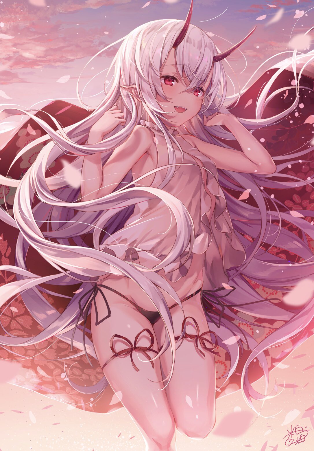 1girl armpits bare_arms bare_shoulders black_panties breasts center_opening commentary_request eyebrows_visible_through_hair fangs floating_hair hair_between_eyes highres komeshiro_kasu long_hair messy_hair no_pants official_art oni_horns original panties pointy_ears red_eyes red_horns red_ribbon ribbon shirt side-tie_panties signature sleeveless sleeveless_shirt small_breasts solo standing standing_on_one_leg thigh_strap thighs underwear white_hair white_shirt