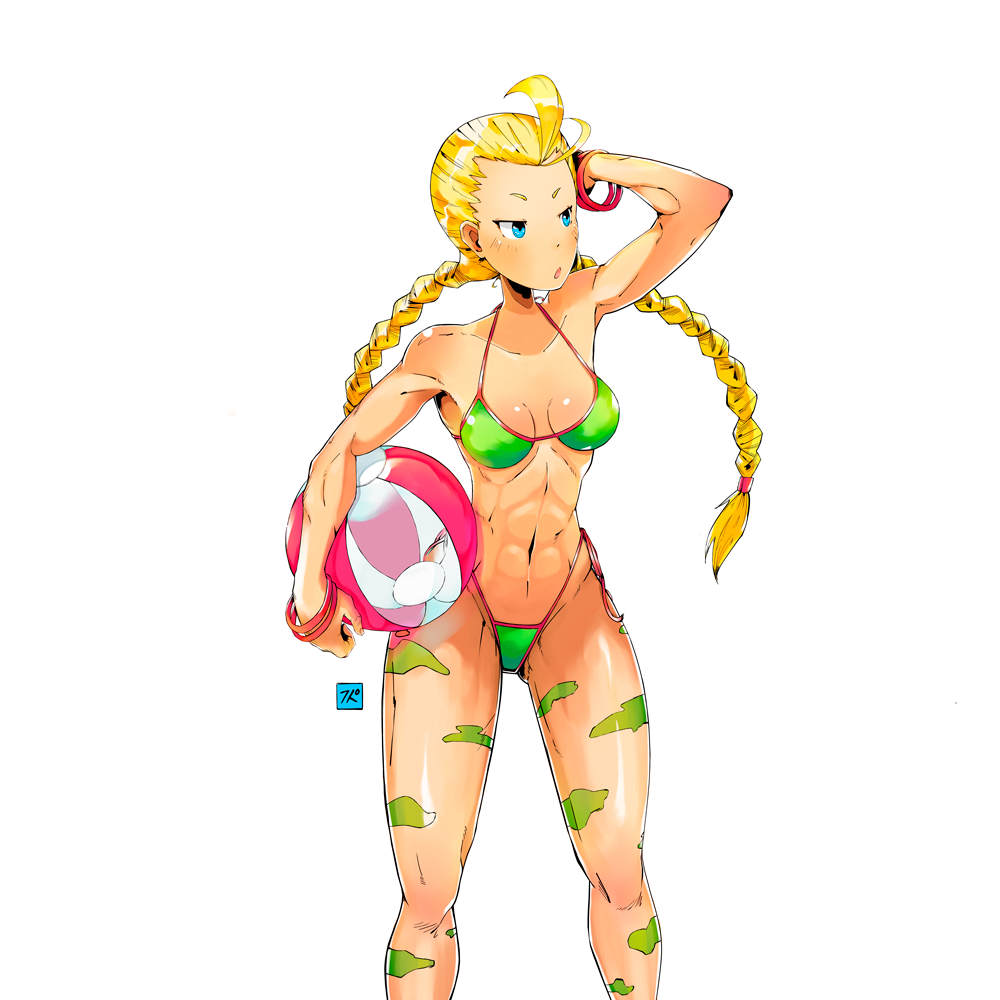 1girl abs adapted_costume antenna_hair ball bangle beachball bikini blonde_hair blue_eyes bodypaint bracelet braid breasts cammy_white camouflage commentary english_commentary forehead green_bikini highleg highleg_bikini jewelry law_kim long_hair muscle muscular_female side-tie_bikini signature small_breasts solo street_fighter street_fighter_ii_(series) swimsuit twin_braids white_background