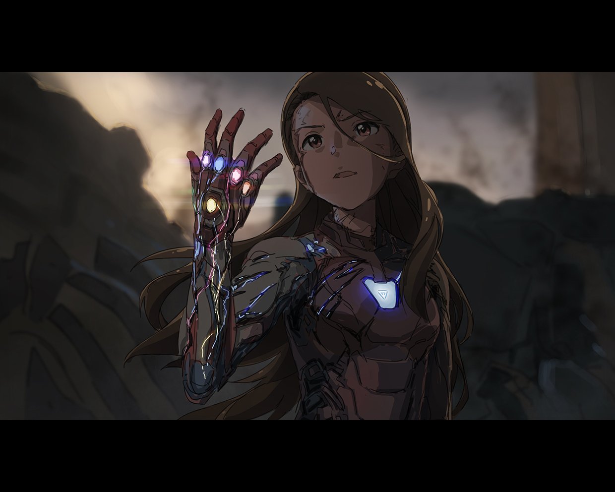 1girl avengers:_endgame brown_eyes brown_hair clouds cloudy_sky cosplay dirty_face english_commentary idolmaster idolmaster_(classic) infinity_gems iron_man iron_man_(cosplay) letterboxed long_hair minase_iori movie_reference open_mouth outdoors sky spoilers taku1122