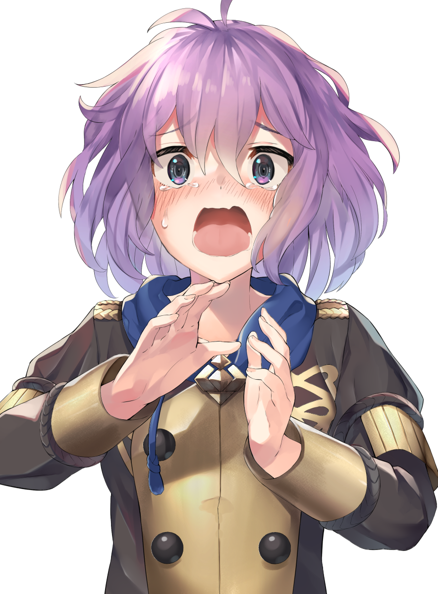 1girl ahoge bernadetta_von_varley blush breasts crying crying_with_eyes_open fire_emblem fire_emblem:_three_houses hands_up highres looking_at_viewer open_mouth panda_inu purple_hair short_hair simple_background small_breasts solo tears uniform upper_body violet_eyes