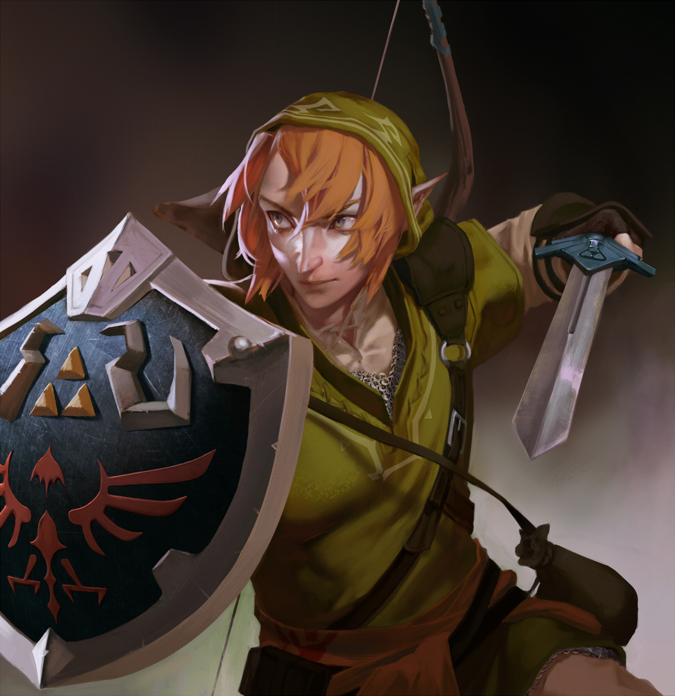 brown_hair green_eyes left-handed link master_sword shield short_hair solo sword the_legend_of_zelda vivecthegod weapon