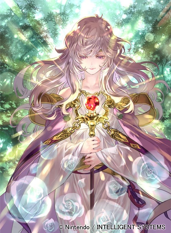 1girl circlet closed_mouth company_name copyright_name deirdre_(fire_emblem) dress fire_emblem fire_emblem:_genealogy_of_the_holy_war fire_emblem_cipher holding holding_staff long_hair long_sleeves official_art purple_hair smile solo staff suzuki_rika tree violet_eyes wide_sleeves
